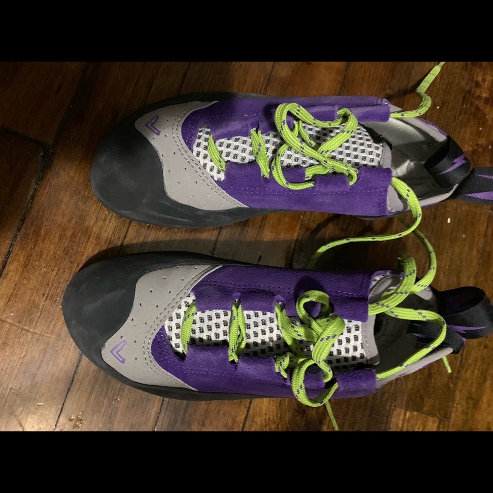 Rock climbing shoes and harness